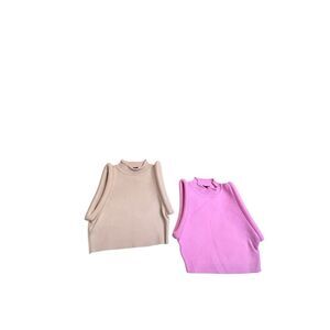 Set of 2 Cherie Women's High Neck Sleeveless Ribbed Knit Top Pink Tan Small